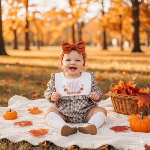 Personalized Fall Gingham Muslin Bubble Romper, Pumpkin Pie Fall Leaf Monogram Embroidery, Baby Girl Thanksgiving Outfit Toddler Fall Outfit