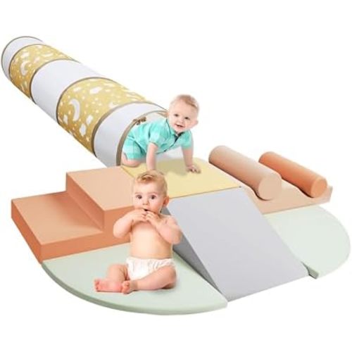 Climbing Toys for Toddlers, 9-Piece Soft Foam Climbing Blocks Set&Crawl Through Tunnel, Toddler Climbing Toys Indoor Foam Play Gym for Climbing Crawling and Sliding