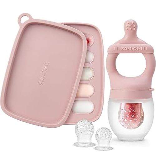 SAMiGO Baby Food Fruit Feeder & Popsicle Mold Set for Teething Relief | 3-6 6-12 Months, Freezer Teether, Frozen Teething Pacifier, Silicone Mesh Feeder, Breastmilk Food Tray, Feeding Essentials