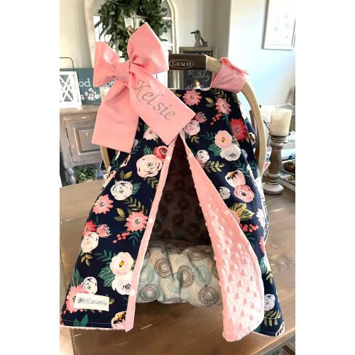 Baby Car Seat Cover- Navy and Pink Boho Floral with Pink Minky - Baby Girl - baby Shower Gift