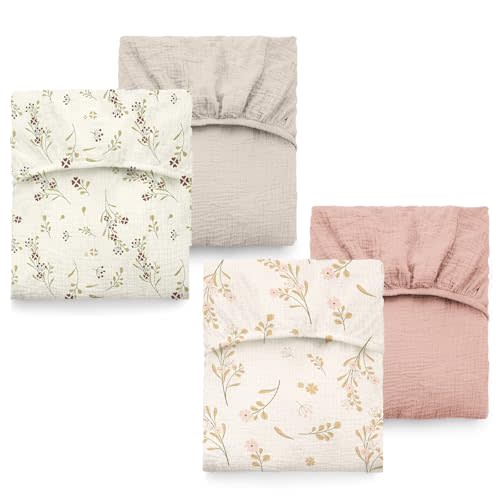 4-Pack Muslin Crib Sheets for Girls Boys, Boho Soft 100% Cotton Nursery Decor for 52" x 28" Standard Crib Mattress (Apricot & Pink & Floral & Blossom)