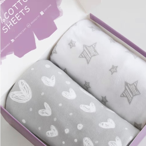 Bassinet Fitted Sheets Compatible with Delta Children Sweet Dreams Bassinet, 2 Pack, 100% Jersey Knit Cotton for Baby Boy and Girl, Gray and White Print