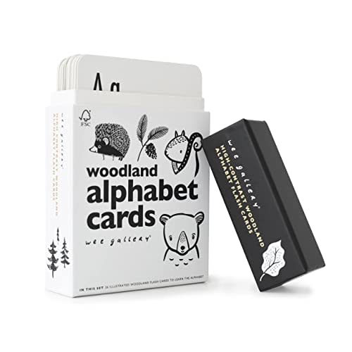 Wee Gallery Educational Flashcards for Babies, Double Sided Black and White Learning Flash cards, Woodland Animal Alphabet Cards for Visual Stimulation and Cognitive Development of Toddlers