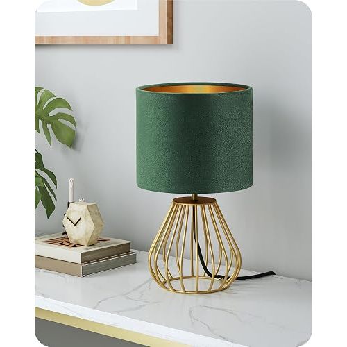 Small Table Lamp with 2700K LED Bulb, Forest Green Velvet Shade,