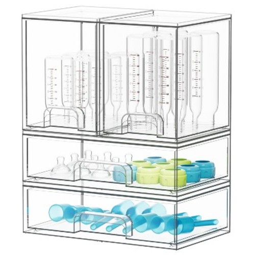 SpaceAid Baby Bottle Storage Organizer, 4-Pack Stackable Acrylic Drawer Unit with 2 Medium & 2 Large Bins for Countertop, Cabinet, Vanity