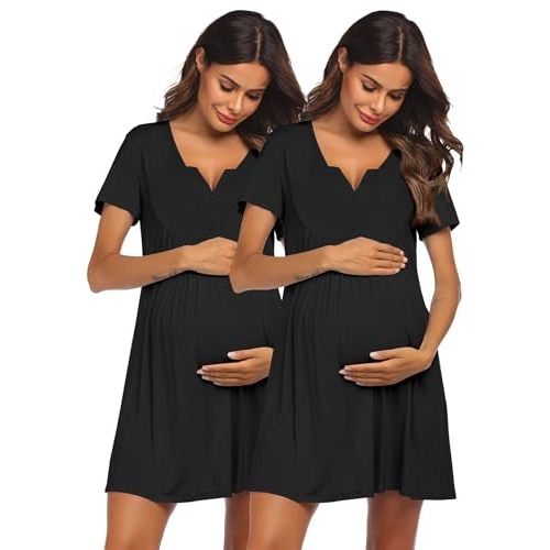 Ekouaer 2 Pack Labor/Delivery/Hospital Gown Nursing Dress Maternity Nightgown Short Sleeve Breastfeeding Sleepwear