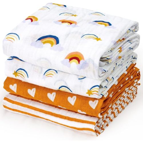 david's kids 4 Pack Baby Muslin Swaddle Blankets, 100% Cotton and Ultra Soft Breathable Receiving Blanket Wrap for Boys Girls, New Born Essentials, Large 47 x 47 inches, Rainbow