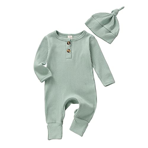 Infant Boys Girls Clothes Set Newborn Baby Romper Hat Ribbed Knit Long Sleeve Button Solid Bodysuit Jumpsuit