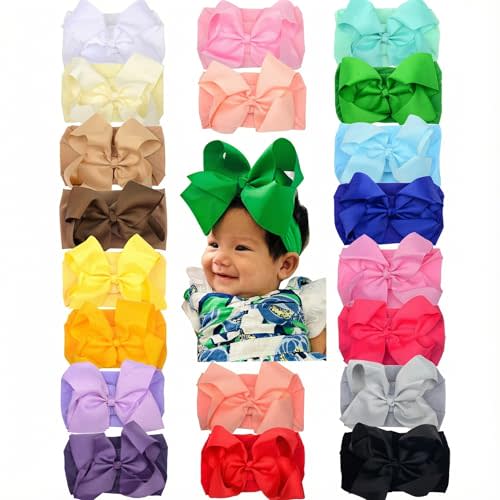 6" Baby Headband Bows, Soft Nylon Hairbands Cute Big Bow Super Elastic Headband for Baby Girls Newborn Infant Toddlers (White 20Colors)