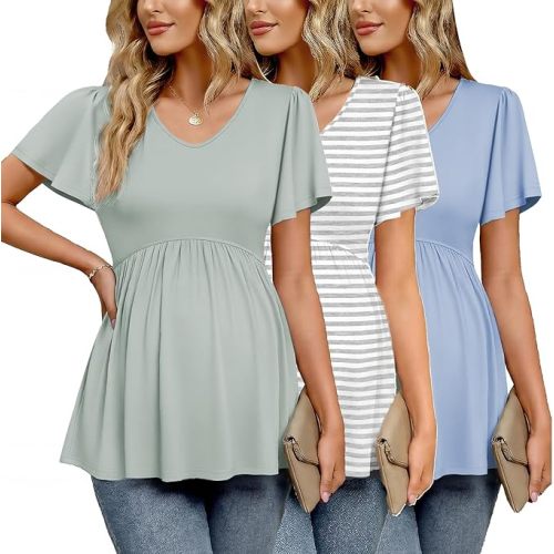 Ekouaer Maternity Shirts 3 Packs Flying Short Sleeve Maternity Tops V Neck T-Shirt Pregnancy Clothes S-XXL