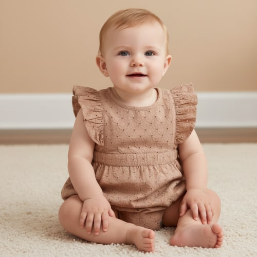 Organic Eyelet Flutter Romper - Clay Eyelet
