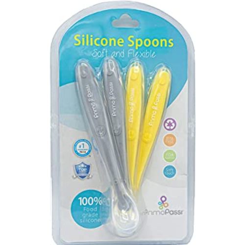 Best First Stage Baby Infant Spoons, 4-Pack, Soft Silicone Baby Spoons Training Spoon Gift Set for Infant (Grey & Yellow) - Primo Passi