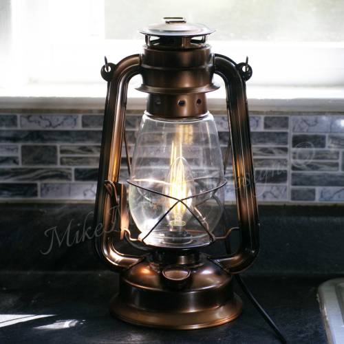 Rustic Electric Lantern Table Lamp, ANTIQUED COPPER-BRONZE | 12" Christmas Gift, Nostalgic Electric Hurricane Lantern, Gift For Birthday