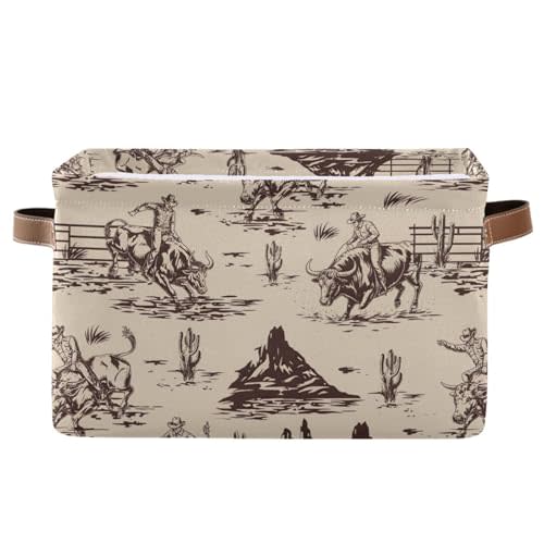 West Cactus Cowboy Large Storage Basket Cube Storage Bin Canvas Fabric Organizer Handles Collapsible Decorative for Clothes Toys Bedroom