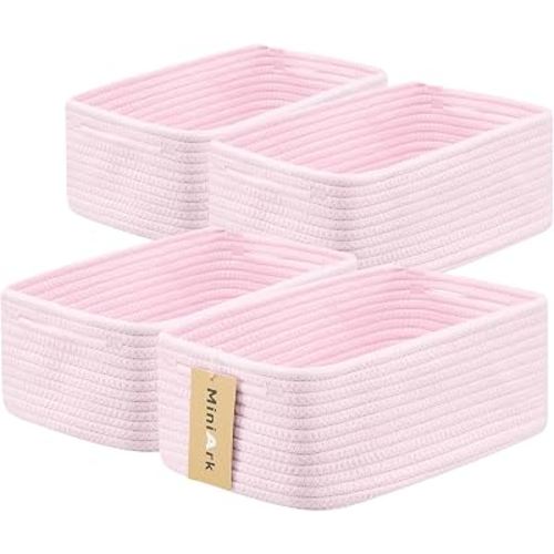 MiniArk Small Storage Baskets for Organizing | Closet Organizer Bins | Shelf Toy Basket | Woven Rope Baskets | Cube Decorative Box | Shallow Basket | 13x8.5x5.1” | 4 Packs Light Pink