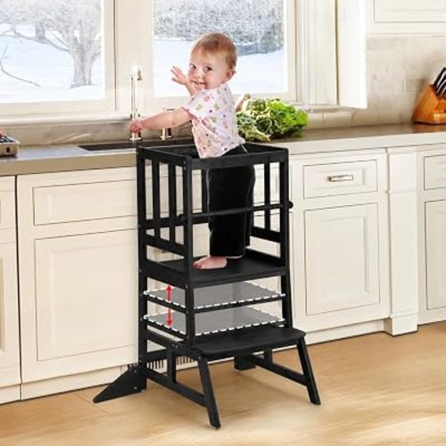 COSYLAND Toddler Standing Tower - Adjustable Height Toddler Kitchen Stool Helper - Kids Kitchen Step Stool for Learning with Removable Safety Railing Black