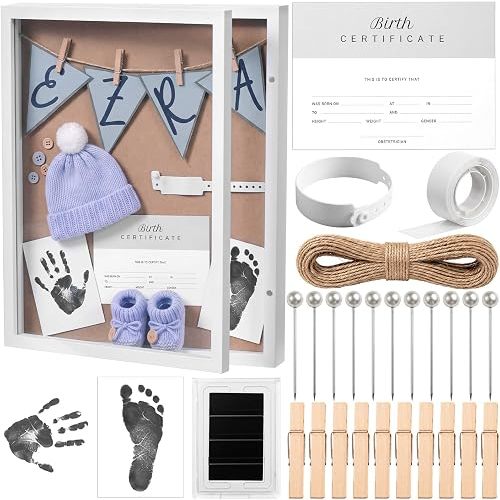 Novabright 26 Pcs 11x14 Inch Baby Shadow Box Frame Kit Large Newborn Keepsake White DIY Box with Handprint Footprint Ink Pad Birth Certificate Card Nursery Decor Baby Shower Frame Gift for Mom Dad