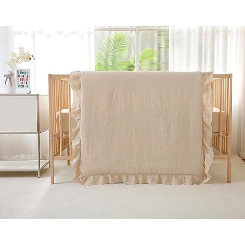 Muslin Cotton 3-Piece Crib Bedding Set for Girls Boys,Ultra Breathable Soft Crib Comforter Set with Cute Ruffled Down Alternative Crib Comforter, Fitted Sheet, Pillowcase, All Season (Beige)