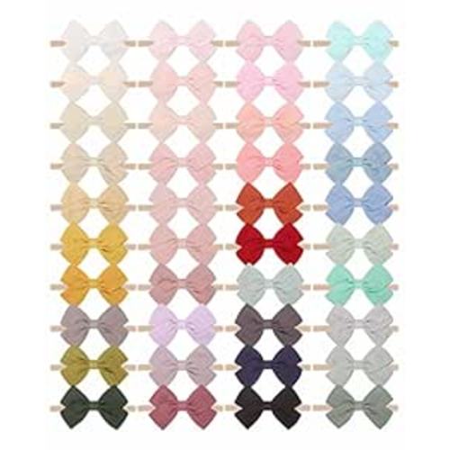 40pcs Baby Girls Nylon Hair Bows Headbands Linen Hair Bands Elastic Hair Accessories for Kids Infants Newborn (4-40 PCS Solid Linen)