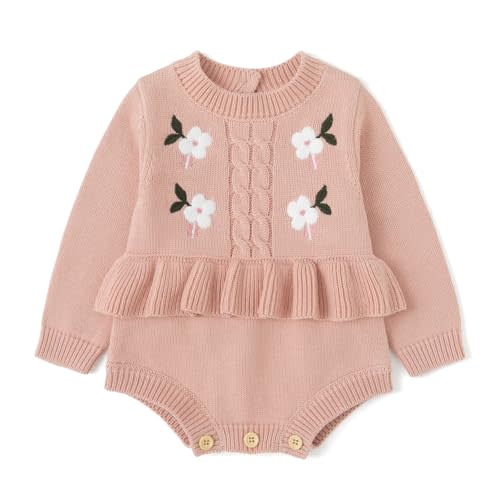 Simplee kids Baby Girl Romper, Long Sleeve Knit Sweater with 3D Pompoms | Soft Comfortable Cotton, Spring Fall Winter Outfit for Photoshoots & Daily Outdoor Casual Wear, Newborn and Infant