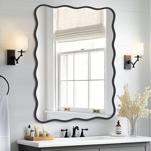PROHOMEWARE 28 * 40" Black Bathroom Mirror for Wall,Wavy Rectangular Mirror,Vanity Mirror,Bathroom Mirrors for Wall-Mounted Metal Frame Mirror for Bedroom Entryway Living Room Farmhouse (Black)