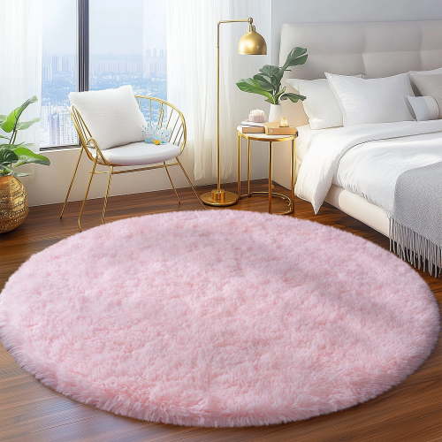 SARAG 5'x5' Round Rugs for Bedroom,Fluffy Rugs for Living Room Kids Room,Home Decor Shaggy Carpet Fuzzy Plush Rug for Nursery Room,Pink