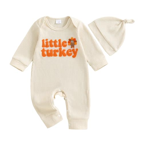 Newborn Baby Boy Thanksgiving Outfit Little Turkey Embroidery Romper Waffle Knit Long Sleeve Jumpsuit Bodysuit Hat Set