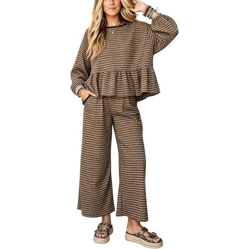 APAFES Womens Gingham 2 Piece Outfits Lounge Matching Pants Sets