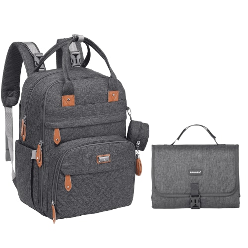 BabbleRoo Diaper Bag Backpack, Waterproof Original Backpack with Premium Changing Pad Set – Dark Gray
