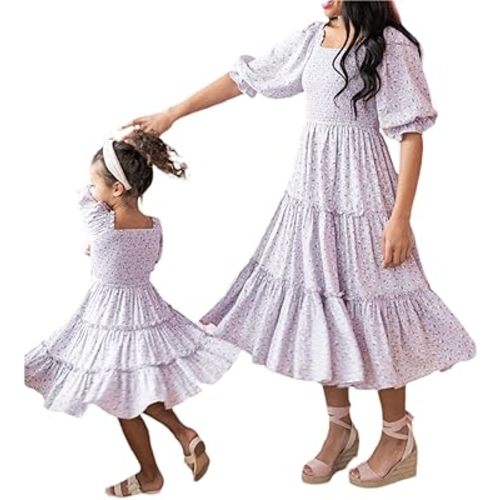 Mommy and Me Dress Floral Print Flutter Sleeve Ruffle Flowy Summer Casual Beach Hawaiian Vacation Dresses