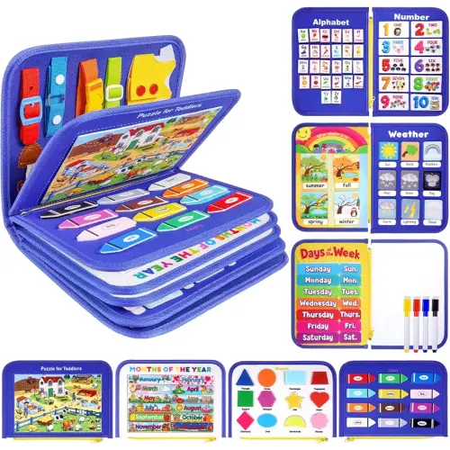 12-page Toddler Busy Board Montessori Toys, Busy Book for Toddlers, Boy Girl Birthday Gift,Toddler Activity Book, 24 in 1 Activity Sensory Toys for Motor Skills, Travel Toy for Car Airplane (Blue)