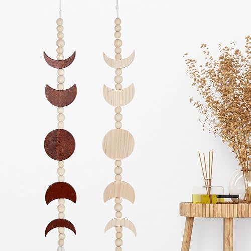 2 PCS Moon Phase Wood Beaded Wall Hanging with Tassel,Phases of The Moon,Bohemian Wooden Bead Home Wall Decor Art for Girls Bedroom Living Room Accessories Length 78cm,Brown and Wood Color