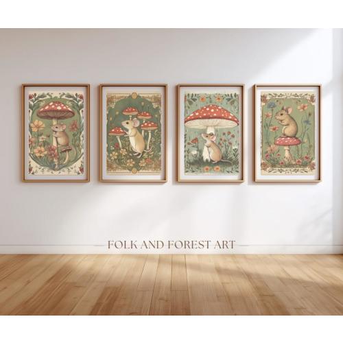 Whimsical Mouse and Mushroom Art Bundle – Set of 4 Digital Prints | Cottagecore Nursery Wall Art | Woodland Animal Printable Decor
