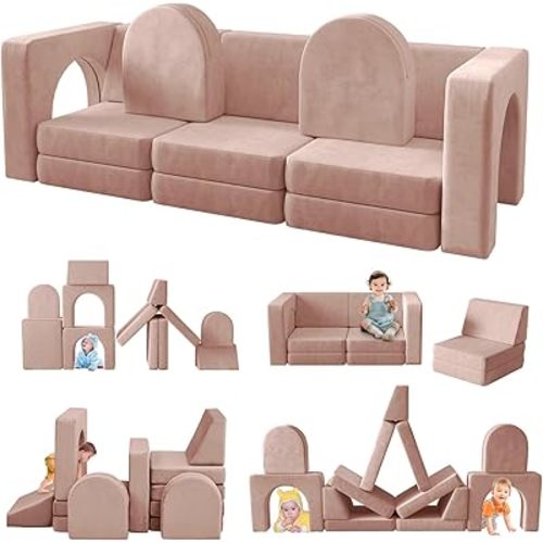 wanan Kids Couch 13PCS, Modular Kids Play Couch for Playroom Bedroom, 13 in 1 Multifunctional Kid Sofa for Playing, Creativing, Sleeping, Indoor Toddler Couches for Boys and Girls (Light Pink)
