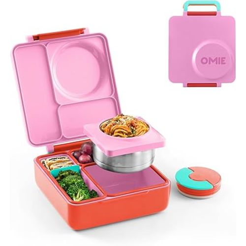 OmieBox Bento Box for Kids - Insulated Bento Lunch Box with Leak Proof Vacuum Insulated Food Jar - 3 Compartments, Two Temperature Zones (Pink Berry)