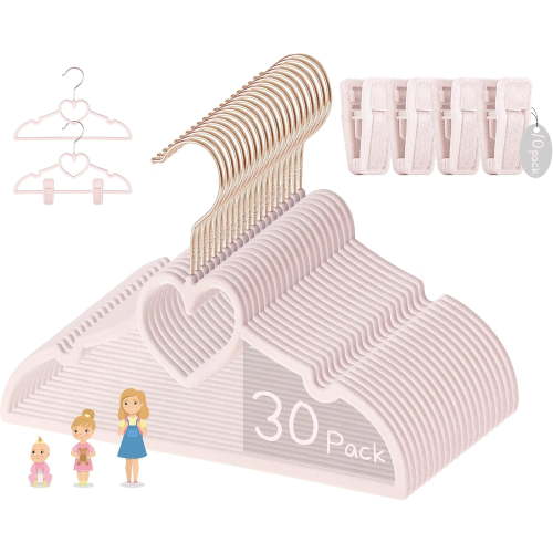 Pink Velvet Baby Hangers - 30 Pack 11inch Heart Toddler Hangers with 10pcs Clips, Non-Slip Strong and Durable Baby Clothes Hangers Without Slipping, Ultra Slim and Stackable Space Saving