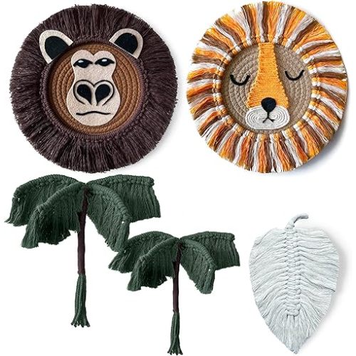 cosyLabels Macrame Nursery Decor: Safari Boho Baby Room Decor. Premium Jungle Wall Hanging with Hooks, Cotton Base. Lion, Monkey, 2x Palm Trees, Leaf