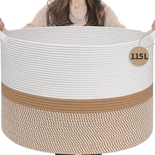 INDRESSME 115L Extra Large Cotton Rope Basket, Woven Baby laundry Blanket Basket for Home Decor Living Room Nursery, Toy Storage Baskets for Kids Boys Girls, White & Camel Mix