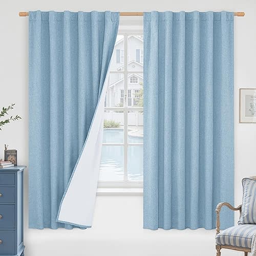 LAMIT 100% Blackout Stone Blue Linen Curtains, 63 Inches Linen Textured Thermal Bedroom Curtains Back Tab and Rod Pocket Neutral Panels with White Liner for Boys' Room, 2 Panels, 52 x 63 Inch