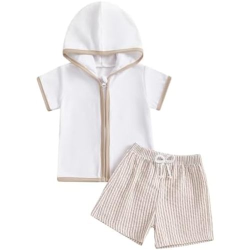 Toddler Baby Boy Girl Swim Cover Up Towel Terry Zipper Hooded Tops Seersucker Gingham Shorts Set Bathing Suit Coverup