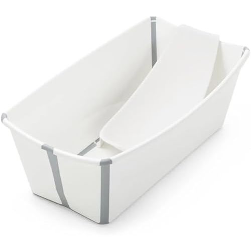 Stokke Flexi Bath Portable Baby Bathtub Bundle with Heat-Sensitive Plug and Newborn Baby Bath Support, White Grey