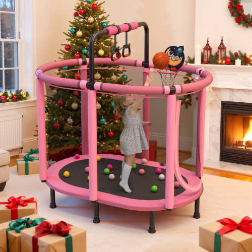 Toddler Trampoline with Enclosure Net, 60" Kids Trampoline with Basketball Hoop, SHINPT Indoor Trampoline for Kids, Small Trampoline with Ocean Balls, Mini Trampoline with Rings, Gift for Boys Girls