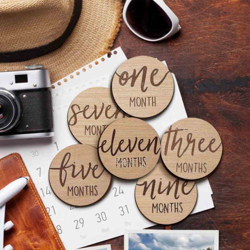 Double Sided Baby Monthly Milestone Card, Wooden Growth Photo Prop, Pregnancy Record Calendar Marker, Set of 6 Pieces Natural Wood Blocks with Clear Print, for New Parents & Photographers