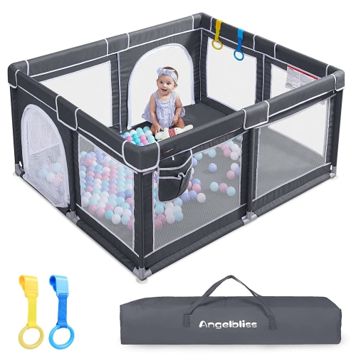 ANGELBLISS Baby Playpen, Extra Large Playard, Indoor & Outdoor Kids Activity Center with Anti-Slip Base, Sturdy Safety Play Yard with Breathable Mesh, Kid's Fence for Toddlers (Dark Grey, 50x50")