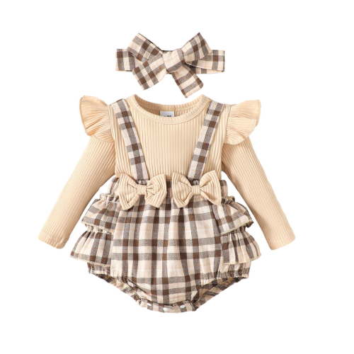 Lovzfmll 2 Piece Set Romper for Little Girls, Flutter Sleeve Plaid Print with Bow, Long Sleeve Snap Onesie, Party Dress for 0-3 Months