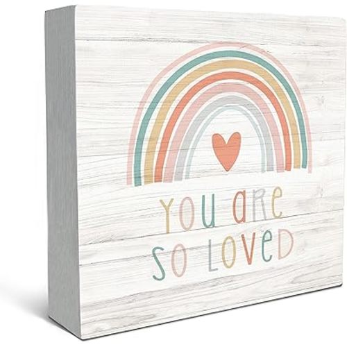 SRADMO You Are So Loved Rainbow Heart Wood Box Sign Desk Decor, Kids Inspirational Quotes Wooden Block Box Sign Decoration For Kids Room Nursery Playroom Shelf Table Decor