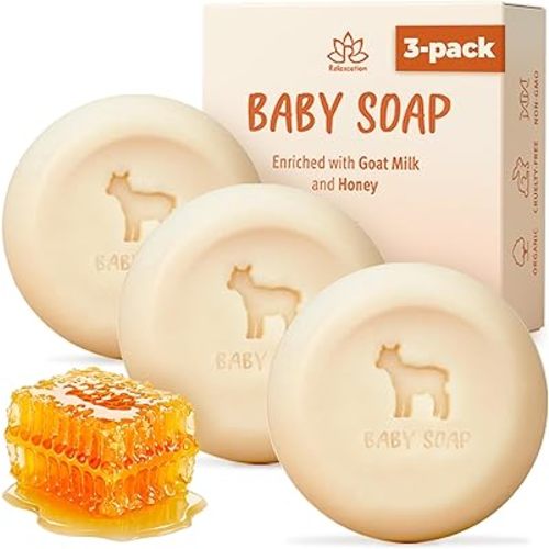 Relaxcation 3 Baby Soap Bars with Goat Milk and Honey - Naturally Cold Processed from Organic Ingredients - Handmade in USA - Ideal fro Newborns, babys, Kids and Adults (Pack of 3