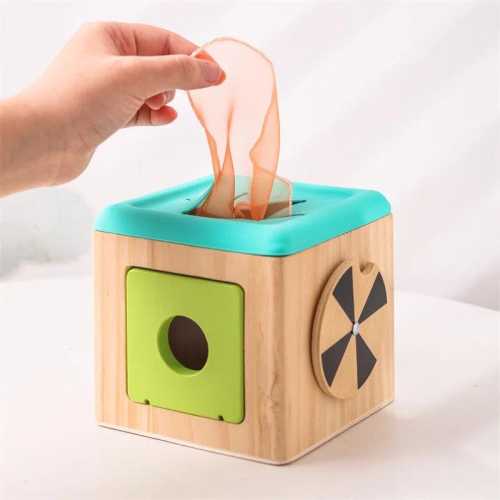 Montessori Wooden Tissue Box Toy | Sensory Shape Sorter for Babies | OkidoKids® Canada