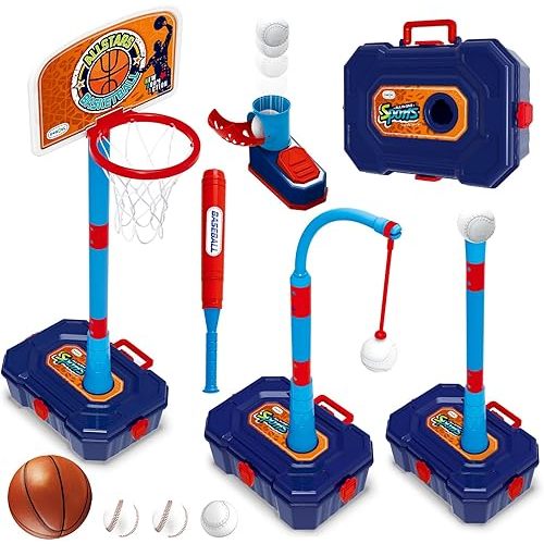 4 in 1 Basketball Hoop for Kids 1-3, 3-5, Toddler Basketball Goal and T Ball Set, Adjustable Basketball Hoop, Indoor Outdoor Sports Toys, Birthday Gifts for Kids Boys 1 2 3 4 5 Years Old