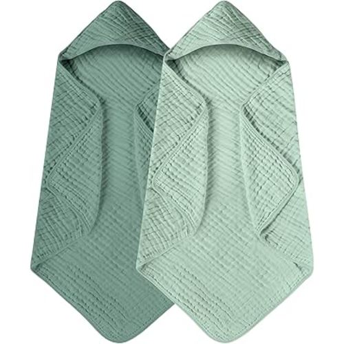 Yoofoss Hooded Baby Towels for Newborn 2 Pack 100% Muslin Organic Cotton Baby Bath Towel with Hood for Babies, Infant, Toddler and Kids, Large 32x32Inch, Soft and Absorbent Newborn Essential